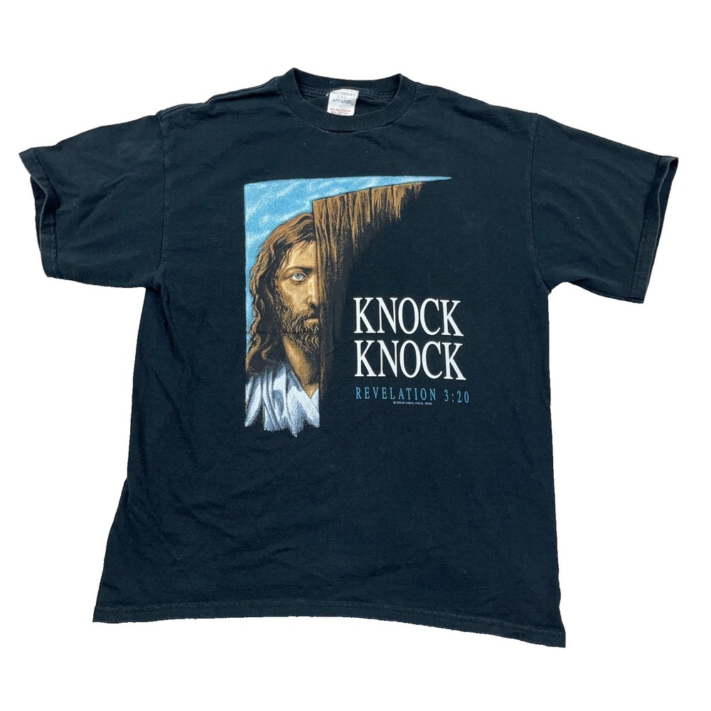 Vintage Jesus Shirt Men Large Black Tee Religion Christ God Knock Knock USA 90s